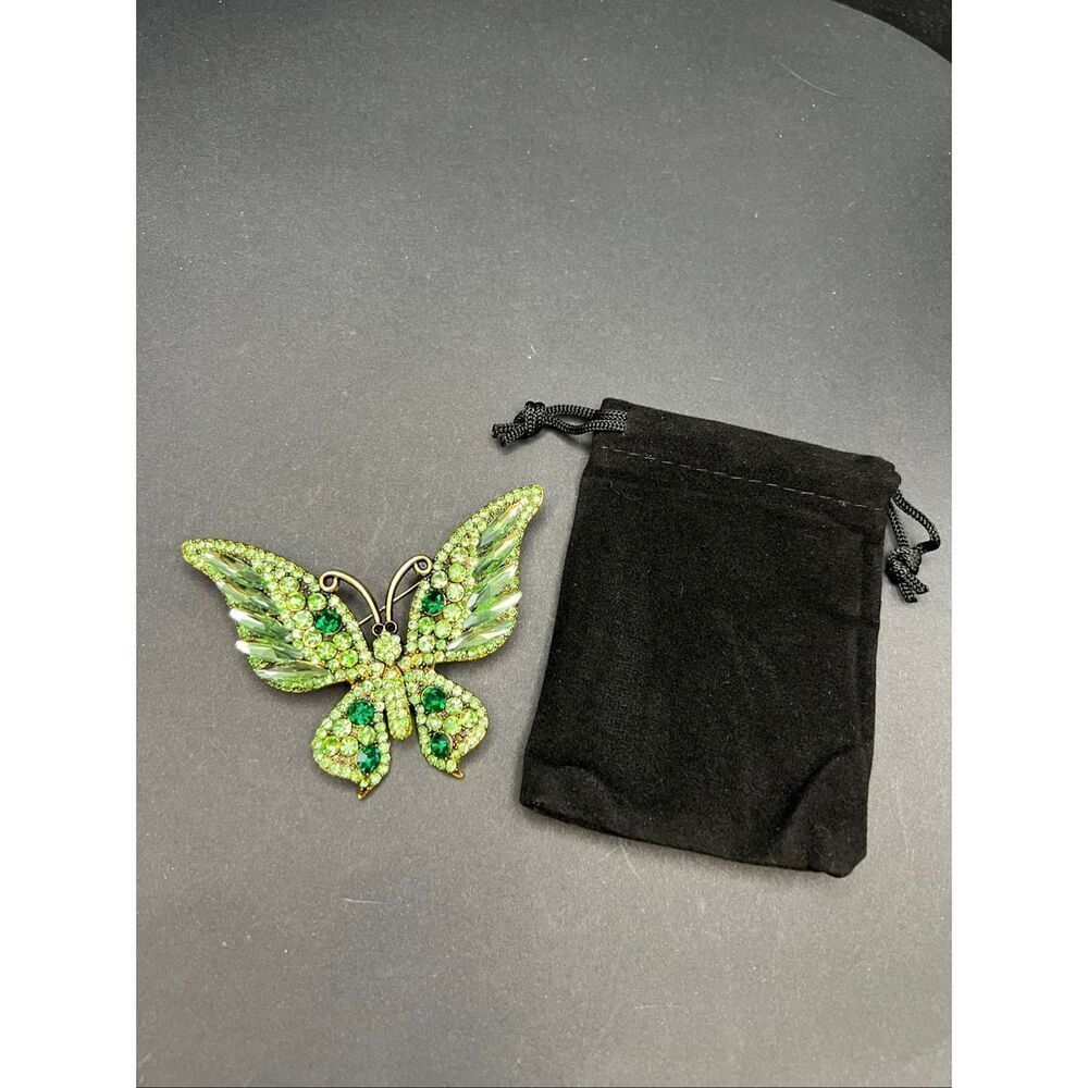 Light Green Lime Dark Forest Green Gold Tone Rhinestone Butterfly Brooch